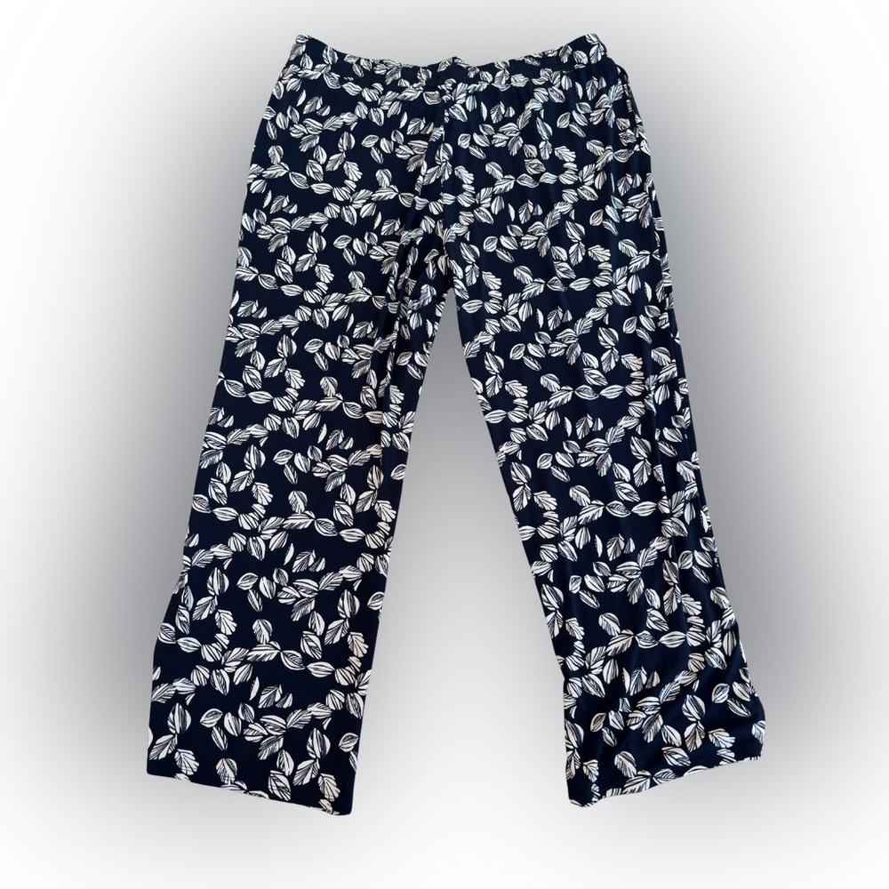 Magnolia Grace Navy Blue Leaf Print Wide Leg Stretch Drawstring Pants Size XXL